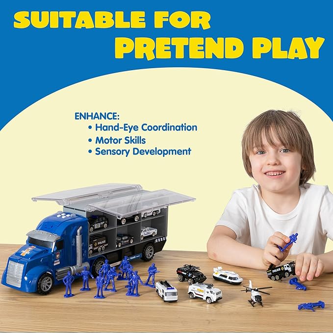 JOYIN 25 in 1 Police Rescue Truck Car Toy Set with Sounds and Lights, Mini Vehicles in Carrier Truck, Play Police Patrol Rescue Vehicle Toy, Christmas Birthday Gifts for Over 3 Years Old Boys