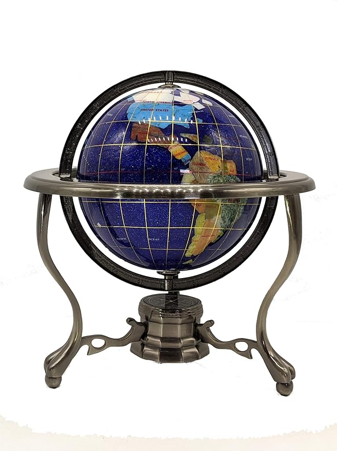 Unique Art 10-Inch Tall Table Top Blue Crystallite Ocean Gemstone World Globe with Silver Tripod Stand (BLUE CRYSTALLITE)