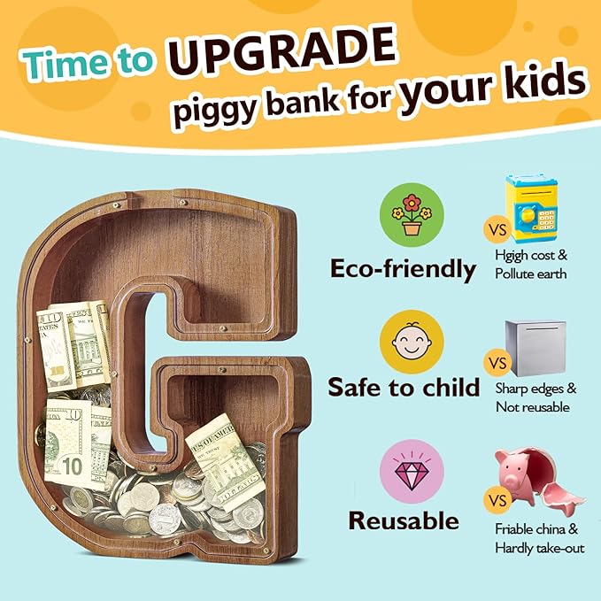 Summidate Large Wooden Piggy Bank for Kids Adults, Alphabets Letter A-Z Piggy Bank for Boys Girls, Coins Bills Change Bank Box Personalized Initial Name Kids Money Bank for Birthday Present and Decor