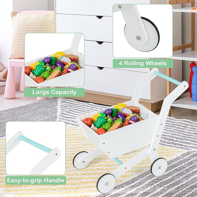 HONEY JOY Kids Grocery Store Playset, Wooden Supermarket Playset w/Cash Register & Working Conveyor, Checkout Counter Stand w/Lights, Food, Grocery Store Pretend Play for Toddler Boys Girls(White)