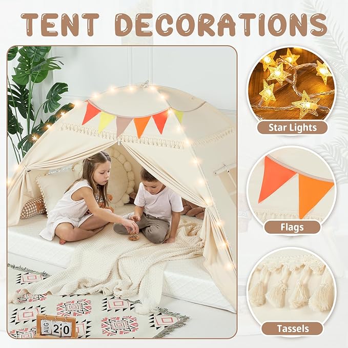 Toddler Canopy Lights & Flags Indoor Floor Bed Kids Tent Playhouse Portable & Foldable Twin Bunk Bed Curtains Girls & Boys House Bedroom Privacy Space Sleeping Tents Gifts Golden Beige Large Size