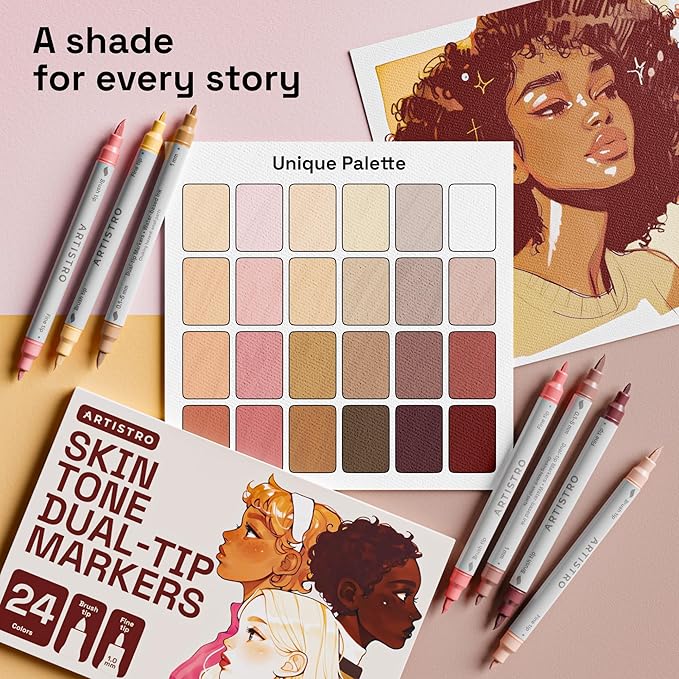 ARTISTRO 24 Skin Tone Dual Tip Brush + Fine Acrylic Paint Pens Ideal for Calligraphy - Paint Markers for Fabric, Rock, Glass, DIY - Stocking Stuffers, Christmas Gift Idea for Teens, Grandkids, Kids
