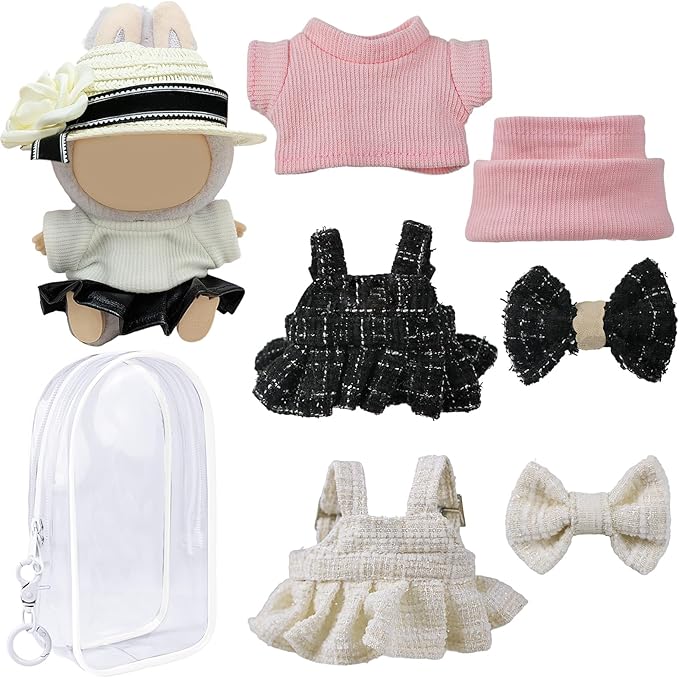 4 Sets Clothes for LABUBU Doll (NO Doll), Handcrafted Crochet Accessories for LABUBU About 6.7'' Dolls, Premium Outfit-Cute Clothes for Dress up Unique Style (White Package Box+Clothing Sets)