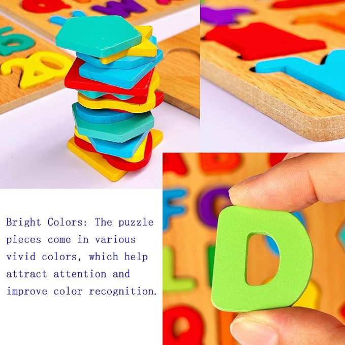 2PCS Wooden Alphabet & Shape Puzzles for Toddlers – Educational Learning Toy (Choose from 3 Combinations) (Alphabet & Shape)