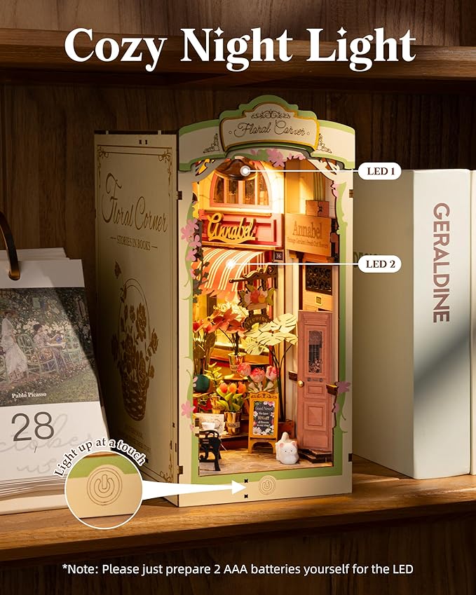 ROBOTIME DIY Book Nook Kits, Miniature House Kit, 3D Wooden Puzzle with LED, Dollhouse Booknook Kit, Creative Bookends Bookshelf Diorama Insert for Teens and Adults (Floral Corner)