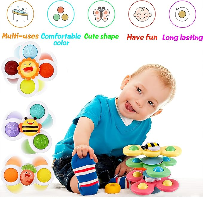 Fidget Sensory Toys for Airplane Travel Essential Activities, Suction Fidget Spinner for Babies Boy Girl Car Rides Montessori Bath Toy Gifts for 12+ Month Babies Toddlers 1 2 3 Year Old