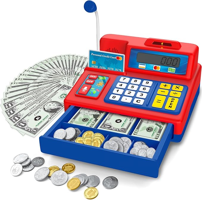 Calculator Cash Register - 103 Pcs Toy Cash Register, Microphone, Credit Card and Banking for Kids, Early Math Skills Toys Gifts for 3, 4, 5, 6 7 8+ Years Old Boys Girls