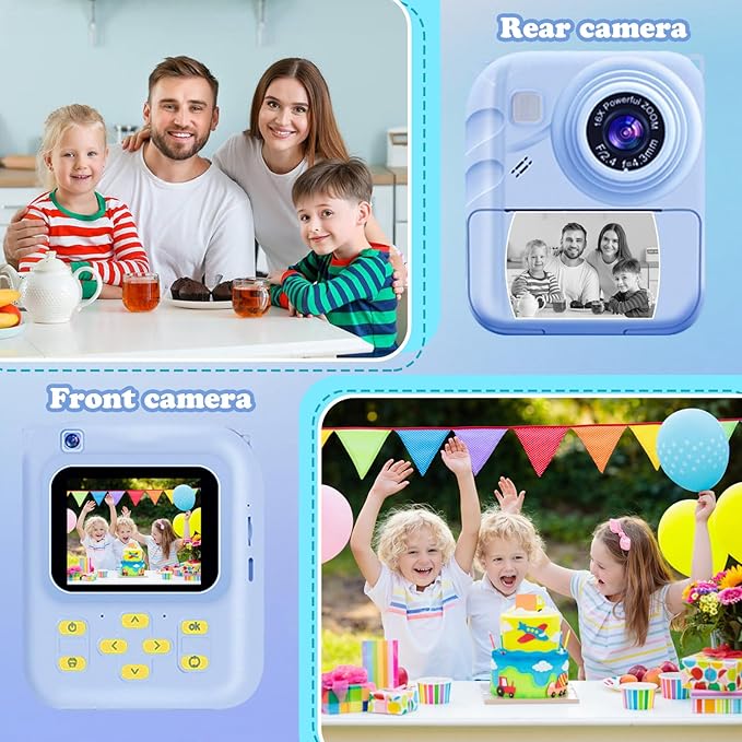 Instant Print Camera for Kids, 1080P Video Camera with 3 Print Rolls, 32GB Card & Cute Cover, Gift for Girls Boys Age 3-12, Toddler Digital Camera with Games, Filters, Music – Blue