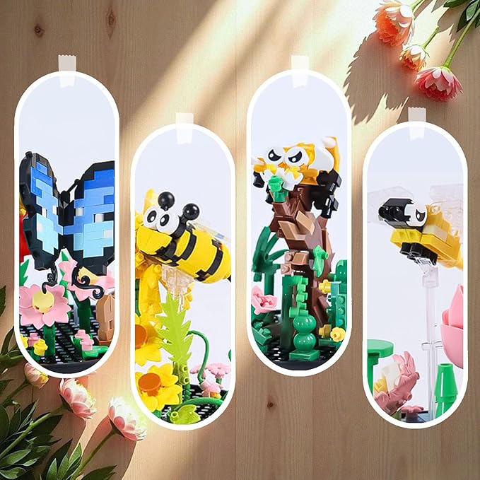 Insect Flowers Collection Micro Building Toy Set with Dust Cover, Flower Plants Bug Botanical Set for Nature Decor, Bug Building Office Home Decorative, Plant Decor Birthday Gift for Adults Kids
