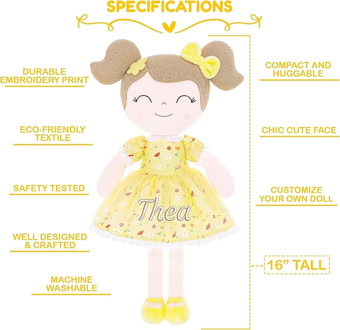 Gloveleya Personalized Doll with Embroidered Name - Floral Yellow Custom Plush Doll for Girls Cute Plush Doll Customized Gift - Muñecas de Trapo Personalizadas para Niñas