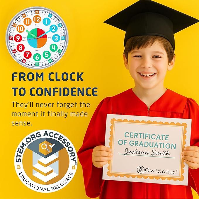 OWLCONIC Telling Time Teaching Clock for Kids - Educational Analog Wall Clock for Bedrooms, Playroom, Classroom Learning - Silent Kids Wall Clock for Learning to Tell Time