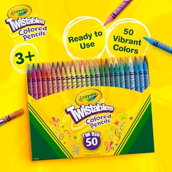 Crayola Twistables Colored Pencil Set (50ct), Stocking Stuffer for Kids & Teens, No Sharpen Colored Pencils For Kids Coloring Books, Drawing & Sketching, 4+