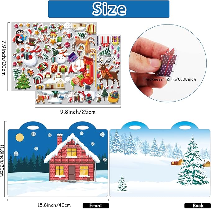 Winter 3D Puffy Sticker Play Set Xmas Activity Book for Kids Toddlers 2-4 Toys Sticker Merry Christmas Holiday Party Supplies 100 Reusable Puffy Window Decals 2 Fold-Out Christmas Scenes