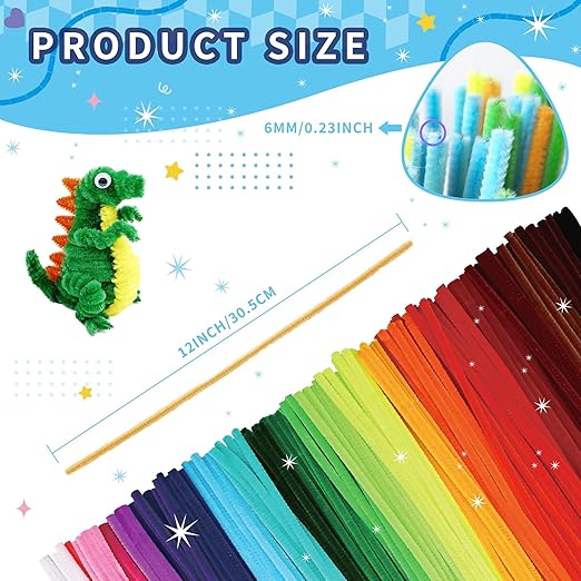 1200 Pcs Chenille Pipe Cleaners for Crafts – 24 Assorted Colors Fuzzy Sticks, DIY Art Supplies for Kids, Classroom Projects & Decorations