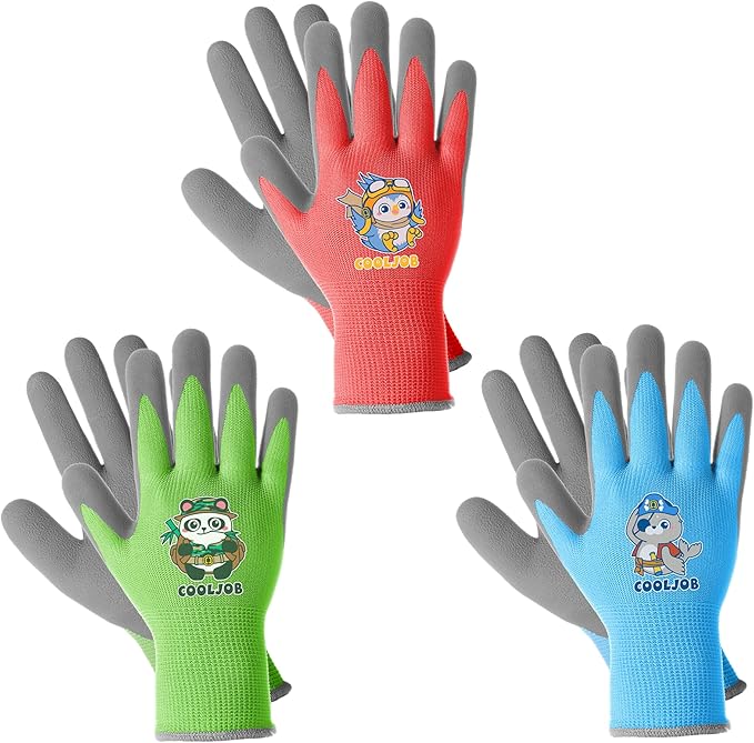 COOLJOB 3 Pairs Kids Gardening Gloves for Little kid Age 3-5, Children Toddlers Boys Grippy Rubber Coated Work Gloves, Red & Green & Blue (Explorer, Small S)