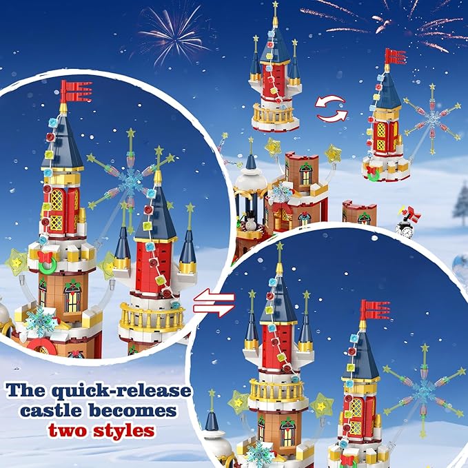 Christmas Castle Roller Coaster Building Set with Lights - 2025 Castle Village Rollercoaster Building Blocks House Xmas Tree Train Santa Claus Playset Gift for Adults Kids Boys Girls -1232PCS