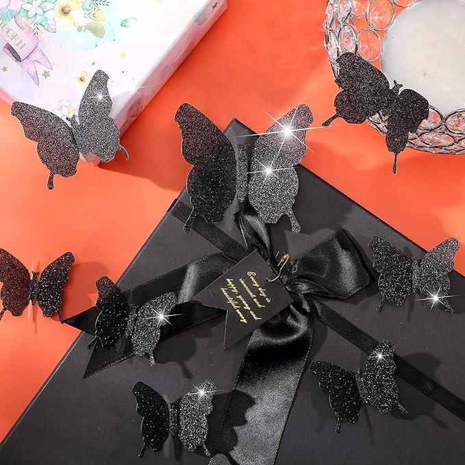 BBTO 48 Pieces Butterfly Wall Decor DIY Mirror 3D Butterfly Stickers Removable Decals for Home Bedroom School Bathroom Living Room Decor(Glitter Black)