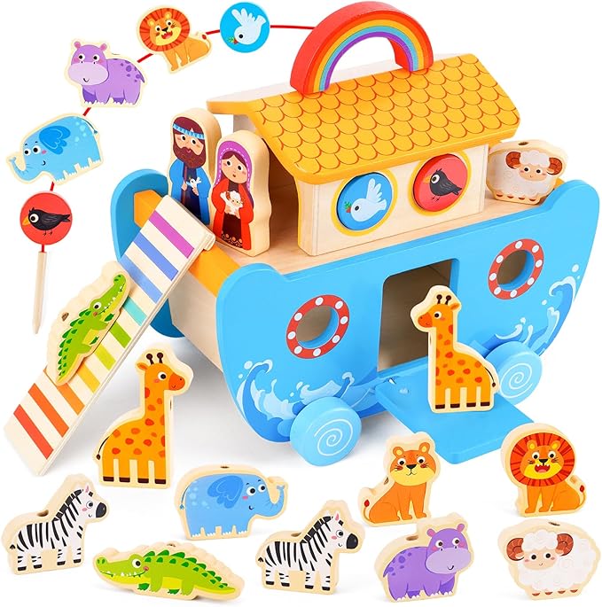 Toddlers Noah's Ark Toys with Wooden Animal Shape Sorters, Baptism Gifts for Girls Boys 2 3 4 Years Old, Montessori Educational Toys for Toddlers, Bible Story Book for Kids Ages 2-4