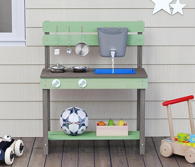 Kid's Wooden Play Kitchen, Outdoor Mud Kitchen with Water Play Set and Cooking Toys, Backyard Play for 3+ Years Kid