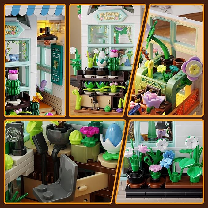 Flower House Building Set with LED Light, 1077 PCS Greenhouse Model Building Toy with Flowers Potted Plants, Garden House Book Nook Home Decor Birthday Gift for Adults Teens Girls Age 8-12