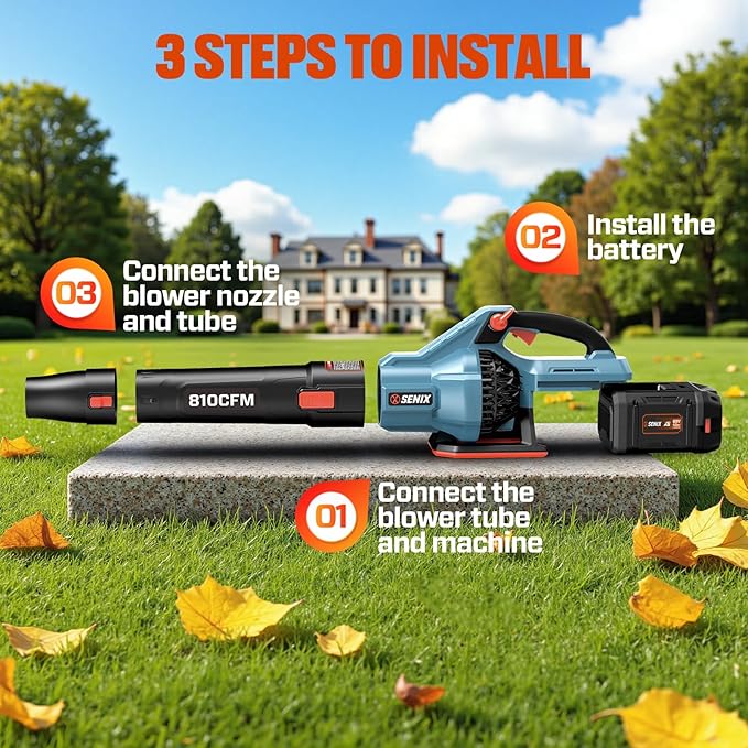 SENIX Leaf Blower Cordless, 60V Max 1300W Brushless Electric Leaf Blowers, 810 CFM & 170 MPH, Stepless Speed, Cruise Control, 60V 4.0Ah Battery & Charger Included,Blowers for Lawn Care, Yard, Garden