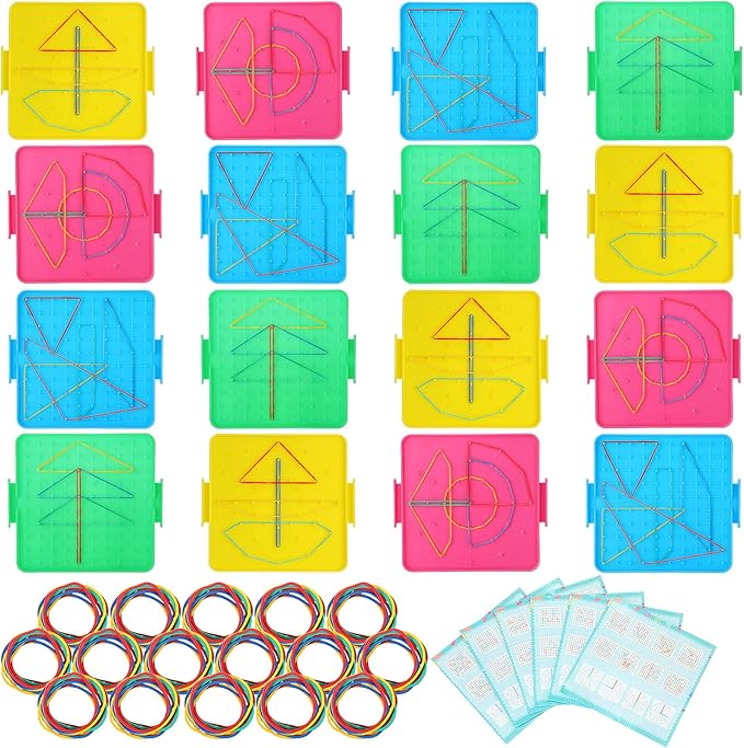 Teling 16 Pack Double Sided Geoboard Math Manipulatives Plastic Geoboards with Rubber Bands Geometry Manipulatives Educational Toy for Geometry, Creativity, Fine Motor Skills (Simple, 6.3 Inch)
