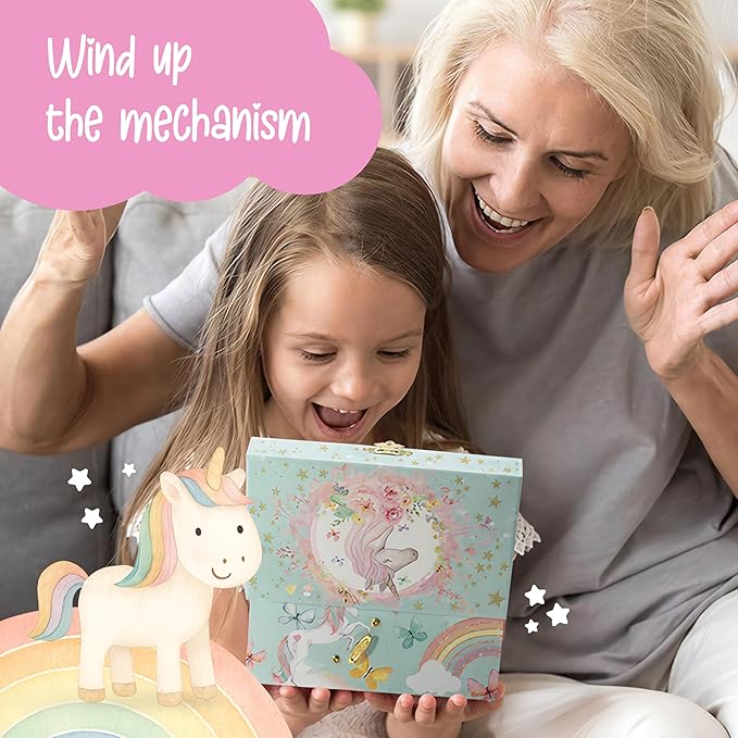 The Memory Building Company Unicorn Musical Jewelry Box, Classic Melody Storage Organizer Kids Ages 6-12, Wood Construction w/ 2 Compartments