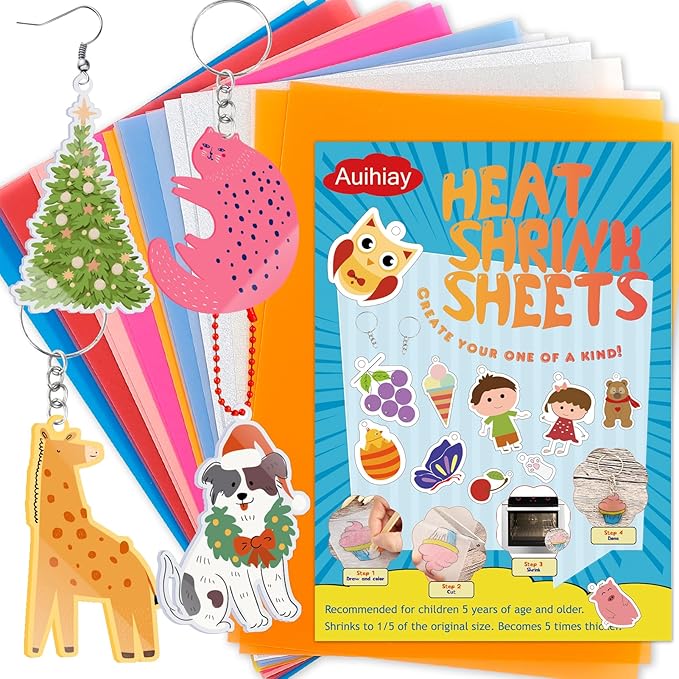Auihiay Colorful Shrink Plastic Sheets, 20PCS Shrink Paper, Shrink Art Paper for Easter Decorations Ornaments, Kids Jewelry Making and Shrink Key Chains Making, 7.9 x 5.7 inch