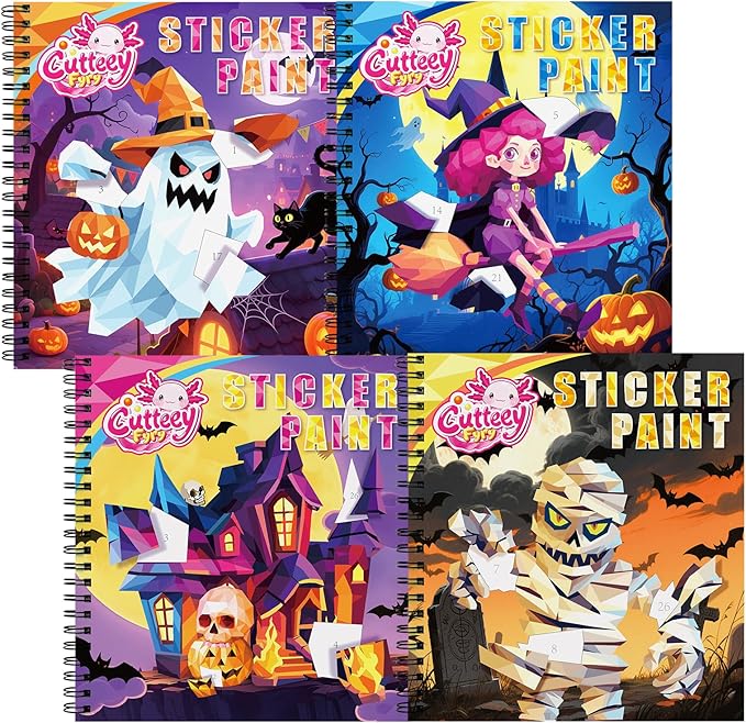 4PCS Paint by Number Sticker Book - Halloween Crafts & Acitivity Puzzles Book for Kids Ages 4-10, Travel Toys for Road Trip & Airplane,Perfect Halloween Gifts & Basket Stuffers for Kids