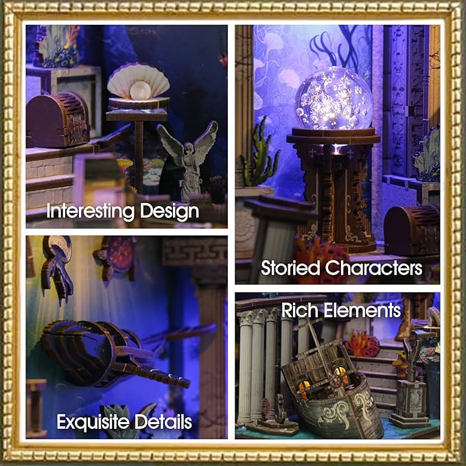 [2025 New] Sea Maze Book Nook Kit with Dust Cover & LED Light, DIY Miniature House Kit Toy, 3D Wooden Puzzle Bookshelf Decor Building Kit, Birthday Gifts for Family & Friends