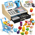 Wooden Cash Register for Kids with Shopping Cart Rechargeable Kid Cash Register with Scanner Gift for Kids Age 3 4 5 6 7 8 9 Year Old Pretend Play for Toddlers Toys for 3-12 Year Old Boys