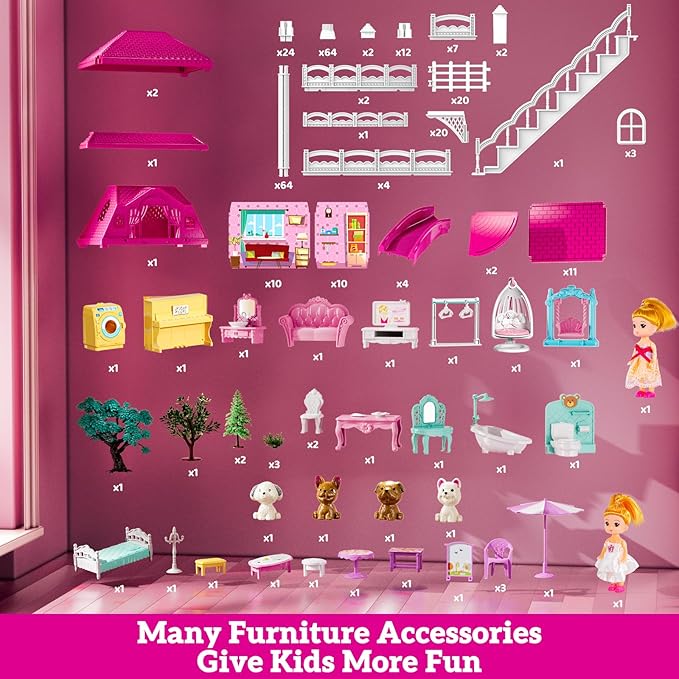 Villa Playset for Girls Ages 3-7, 4-Storey House with 10 Rooms, 2 Dolls, Furniture and Accessories, Indoor Playset Girls Toys for Ages 6-8, Pretend Toddler Toys, Birthday Gifts for Kids 4-8