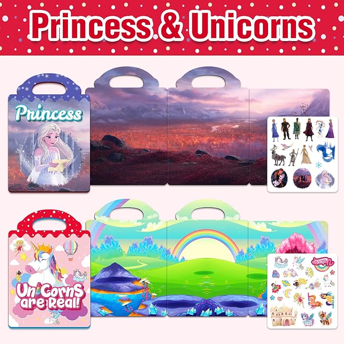 2 Sets Reusable Sticker Books for Toddlers 1-3, Princess Jelly Sticker Books for Kids 2-4 Years, Toddler Travel Toys Activity Road Trip Essentials for Kids- Princess + Unicorn