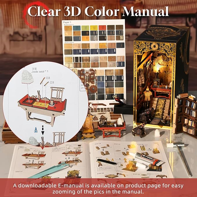 Book Nook Kit, DIY Miniature Dollhouse Booknook Kit, 3D Wooden Puzzle Bookend Bookshelf Insert Decor with LED Light for Teens and Adults (The Emperor's Study)