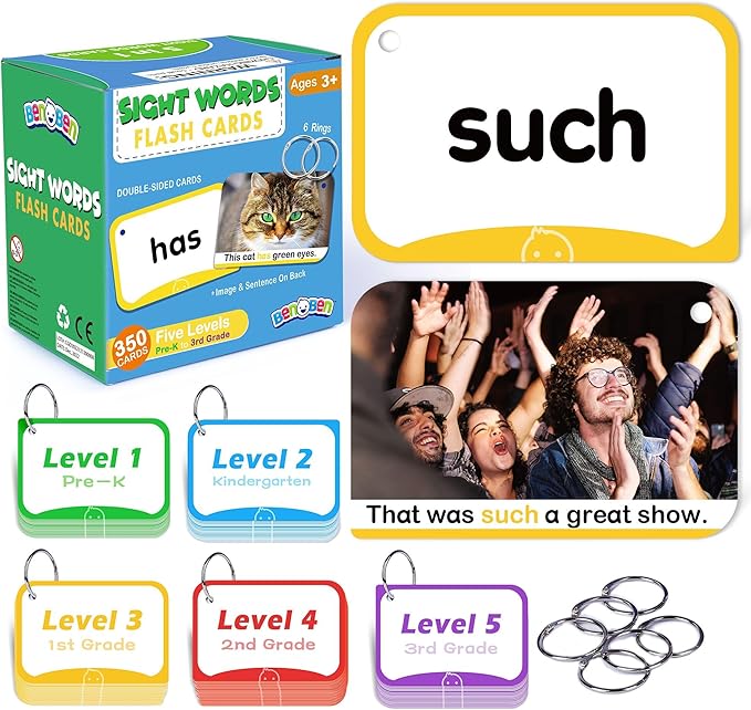 BenBen Sight Words Flash Cards, 350 Dolch & Fry High Frequency Site Words and Sentences for Pre-K, Kindergarten, 1st 2nd 3rd Grade, Educational Learning Cards Homeschool Supplies for Ages 3-9