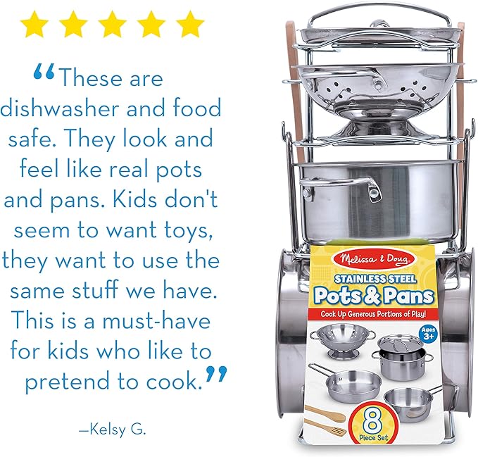 Melissa & Doug Stainless Steel Pots & Pans, 8 Piece Play Kitchen Set, Premium Play Kitchen Accessories & Cooking Utensils, Preschool Toys for Kids 3+