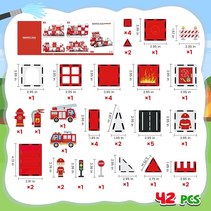 cossy Magnetic Tiles Firefighter Set, Magnet Tiles with Firefighter, Magnetic Tiles for Kids Ages 4-8, STEM Toys, Magnet Blocks for Boys and Girls, Creative Building Toys, Firefighter