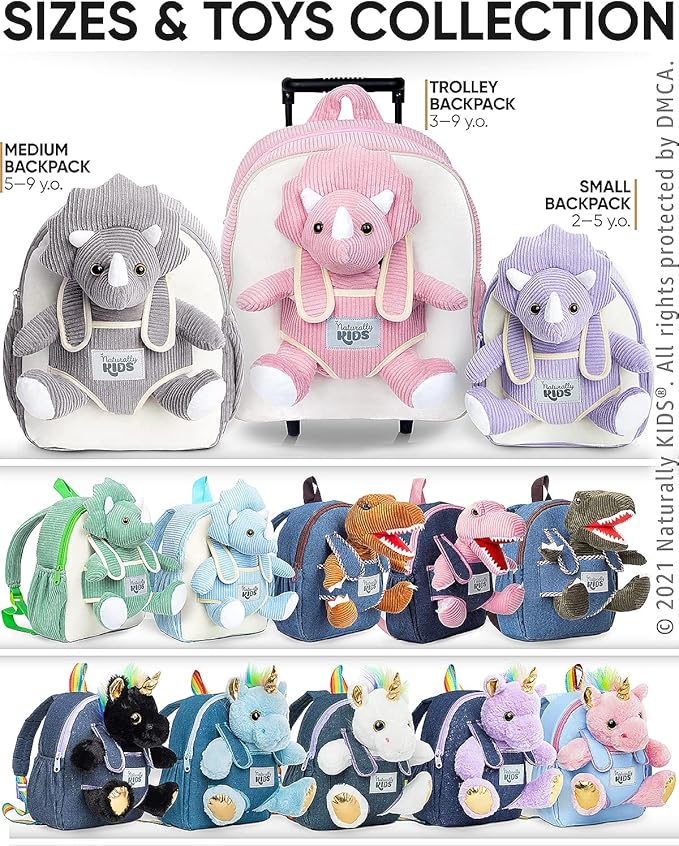 Naturally KIDS Grey Dinosaur Backpack for Boys 4-5, Triceratops Dinosaur Gifts for 4-5 Year Old Boys, Girls, Toddler Backpack