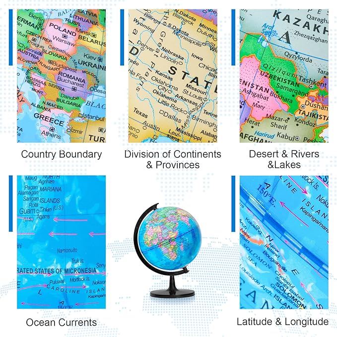 GOCHANGE Globe for Kids Learning, 10" Geography Educational Globe with Thickened Stand - More Stable for Children & Teachers, 360° Spinning Educational Tools & Desk Decorations & Gifts