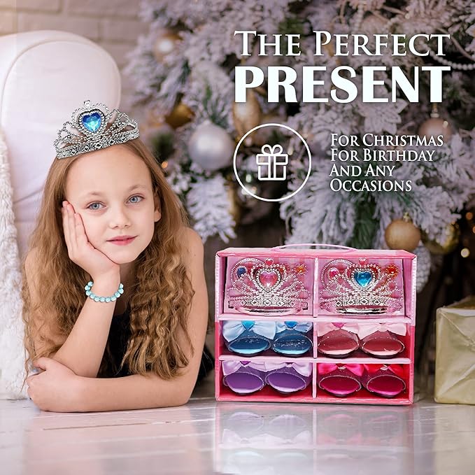 Princess Dress Up Girls Shoes - Toddler Heels Play Shoes & Pretend Jewelry Accessories Sets,Toys for Girls with Kids Crown, Wand, Necklace, Ring, Bracelet, Earring for Little Girls Aged 3 - 6 Birthday