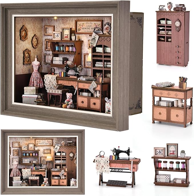 Book Nook Kit - 3D Wooden Puzzle with LED Switch Control & Wall-Mountable Frame，DIY Miniature House for Beginners，Bookshelf/Tabletop/Wall Decor for Craft Lovers，Dollhouse Gift (Lily Sewing Shop)