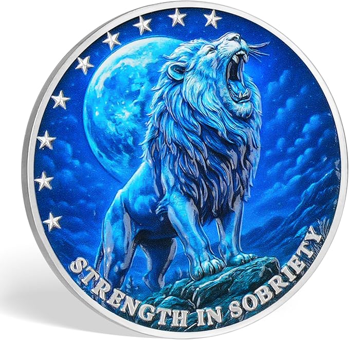 Strength in Sobriety Lion Recovery Challenge Coin Inspirational Sobriety Token for AA, NA, and Recovery Gifts Animal Series Sobriety Coin (Midnight Blue Lion)
