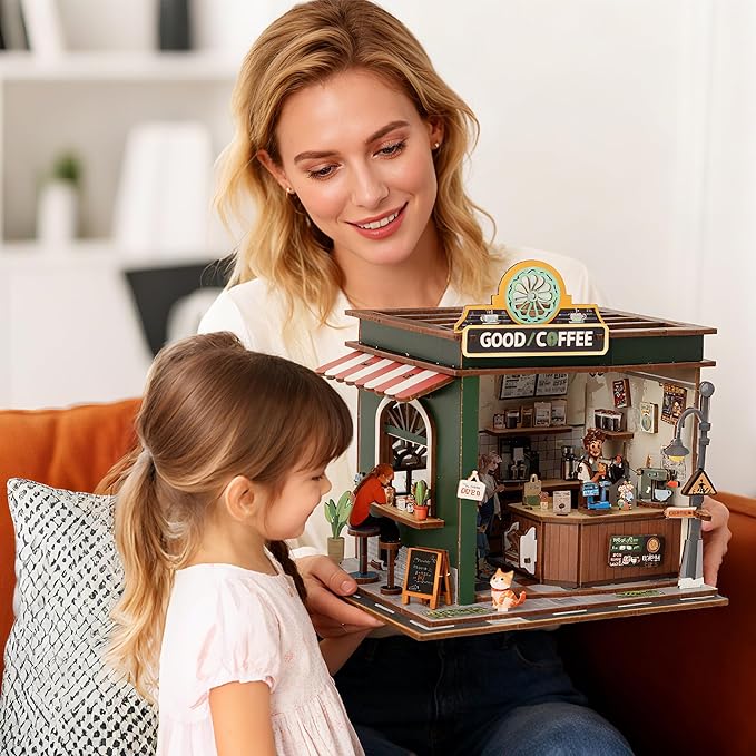 Book Nook Kit - DIY Miniature House Kit for Adults, Dollhouse Booknook Tiny House Bookshelf Decor 3D Wooden Puzzle Street Model, Ideal Gift for Book Lovers, Family, Friends (Coffee Shop)