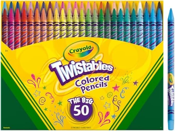 Crayola Twistables Colored Pencil Set (50ct), Stocking Stuffer for Kids & Teens, No Sharpen Colored Pencils For Kids Coloring Books, Drawing & Sketching, 4+