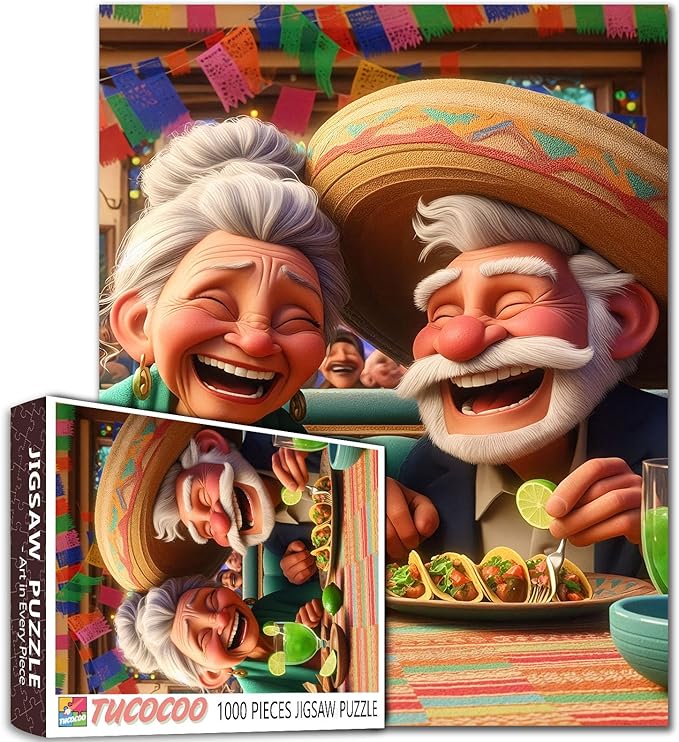 Laughing Old Couple Dining Fiesta 1000 Piece Jigsaw Puzzle for Adults and Students Fun Mexican Style Food Theme Colorful Cartoon Art Decor 20×27 Inches Relaxing Brain Challenge Gift