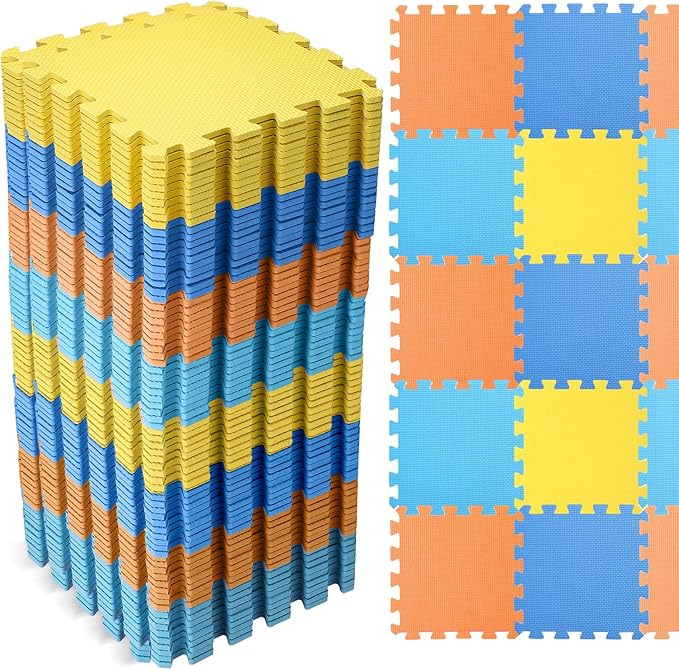 Nuanchu 60 Pcs Kids Foam Puzzle Floor Mat Bulk Solid Color Foam Play Mat with Borders Interlocking Multi Use Floor Rug for Baby Toddler Children 12 Inch (Dark Blue, Light Blue, Orange, Yellow)