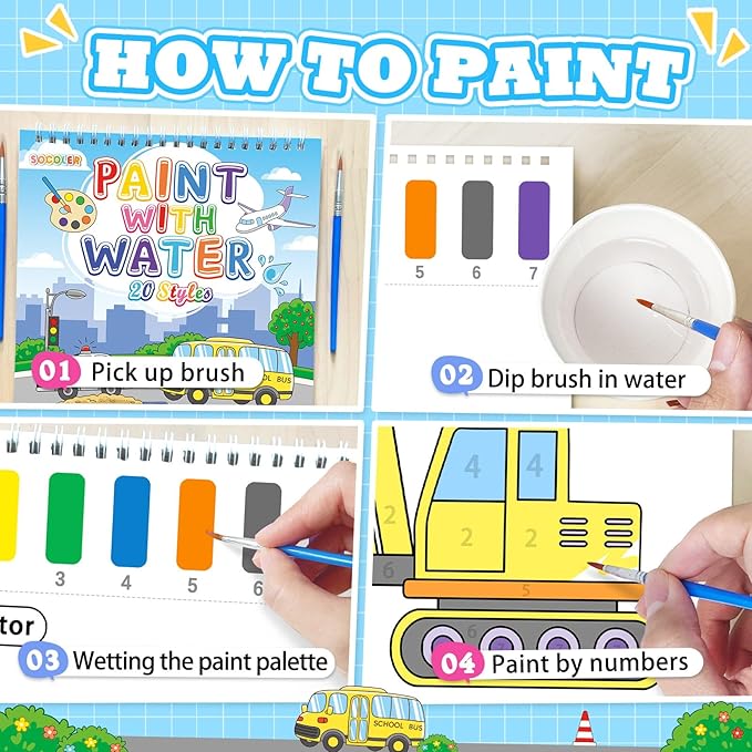 Paint with Water Coloring Books for Toddlers, Traffic Theme Mess Free Watercolor Painting Papers for Kids Water Color Paint Kit Art Craft Birthday Gift for Ages 1-3, 4-8
