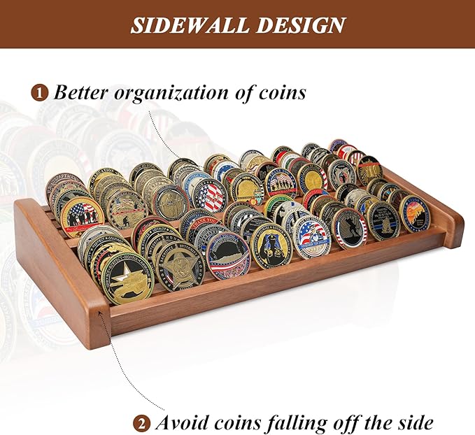 Challenge Coin Display Holder, 8 Rows Solid Wood Military Coin Stand Holds 60-70 Coins, Army Coin Display Rack for Desk (Walnut Finish)