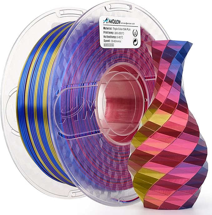 AMOLEN Silk PLA 3D Printer Filament, Tri Color Red Yellow Blue PLA 1.75mm, Shiny Multi Color Change Filament 3D Printing PLA Filament for Most FDM 3D Printer, 1kg Spool(2.2lbs)