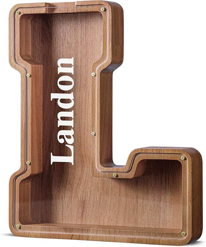 Summidate Customized Name Extra Large Wooden Piggy Bank for Kids Boys Girls Alphabets Letter A-Z Coins Bills Money Change Saving Box Clear Cover (Laser Engraved) Educational Toys 12"- Letter L